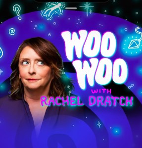 Cover art for the Woo Woo with Rachel Dratch podcast featuring comedian Rachel Dratch with a surprised expression, surrounded by whimsical ghost illustrations and paranormal icons, promoting a comedy podcast about supernatural experiences and psychic encounters.
