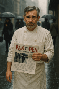 A middle-aged male chef stands on a rainy city street corner, looking sad and holding a newspaper titled “PAN TO PEN.” His white double-breasted chef coat is damp, and passersby under umbrellas walk past him without noticing. The street glistens with rain, emphasizing the somber mood as he tries in vain to sell his paper.