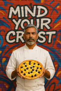 A confident middle-aged chef stands against a vibrant graffiti wall with the words “MIND YOUR CRUST” behind him, holding a pineapple and black olive pizza as a defiant response to online food shaming.