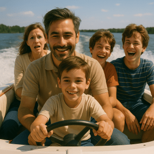 A young boy sits at the helm of a speeding boat, gripping the steering wheel with a big smile as his father sits behind him, guiding his hands. The mother, seated behind them, looks alarmed, clutching the seat. Two older brothers sit beside her, laughing joyfully as the boat cuts through the water on a sunny day. The background shows a blue sky and green shoreline.