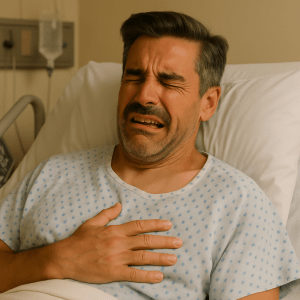 A man in a hospital bed wearing a light blue hospital gown with small patterns is grimacing in pain. He has one hand on his chest and his eyes tightly shut, indicating distress or discomfort. The background includes a hospital IV setup attached to the wall.