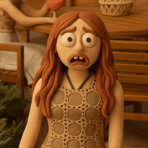 Claymation figure of a surprised young woman with long, reddish-brown wavy hair and exaggerated wide eyes. She wears a crocheted sleeveless dress and stands in front of a wooden patio table with drinks and other figures in the background, all sculpted in clay. Her mouth is open, showing large, uneven teeth, enhancing the humorous and expressive look.