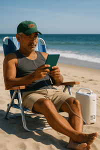A tanned middle-aged man relaxes barefoot in a beach chair on a sunny shore, wearing beige shorts, a dark tank top, and a green Culinary Institute of America baseball cap. He reads a jade-colored Kindle Paperwhite with a portable oxygen concentrator beside him, while gentle ocean waves roll in the background.