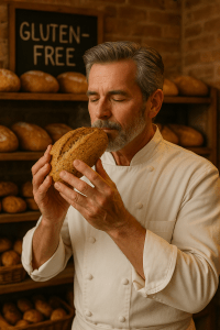 A middle-aged male chef with salt-and-pepper hair and a beard is wearing a white double-breasted chef’s coat. He is standing in a bakery labeled “Gluten-Free” and is holding a loaf of bread close to his face with both hands, eyes closed, smelling it with a look of peaceful contentment. Rows of gluten-free loaves are stacked on shelves behind him against a brick wall.