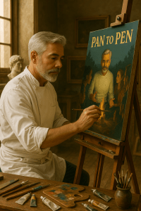 A middle-aged chef with silver hair and a neatly groomed beard sits in a warmly lit art studio, painting a Renaissance-style portrait on a canvas. The painting on the easel features the chef himself telling a story by a campfire, surrounded by an attentive group. The studio is filled with classical details like wooden furniture, oil paints, brushes, and a sculpture bust in the background, evoking an old-world artistic atmosphere.