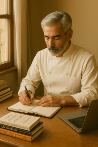 A photograph captures an older male chef with light gray hair and a beard, writing thoughtfully in a notebook at a wooden desk beside a window. Sunlight filters in, illuminating a stack of writing books, an open journal, and a laptop, symbolizing creative focus and writing discipline.