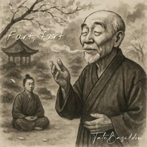 Ink wash painting of an elderly man in traditional robes standing serenely under cherry blossoms, exhaling a small visible puff labeled “Fart.” In the background, a younger man meditates near a tranquil pond and a pagoda, blending humor with classic Zen imagery.