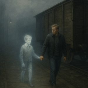 A ghostly blond boy, around ten years old and dressed in 1940s clothing, holds the hand of a modern-day blond man on a foggy train platform. The boy’s transparent, glowing figure contrasts with the man’s solid presence. They walk together toward an old wooden cattle car, evoking a haunting and emotional connection between past and present.