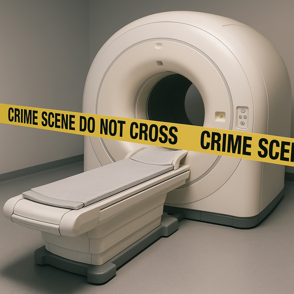 A photograph showcases an open MRI (Magnetic Resonance Imaging) machine in a dimly lit hospital room, surrounded by bright yellow police crime scene tape that reads “CRIME SCENE DO NOT CROSS,” creating a stark contrast between the sterile medical equipment and the ominous investigation atmosphere.