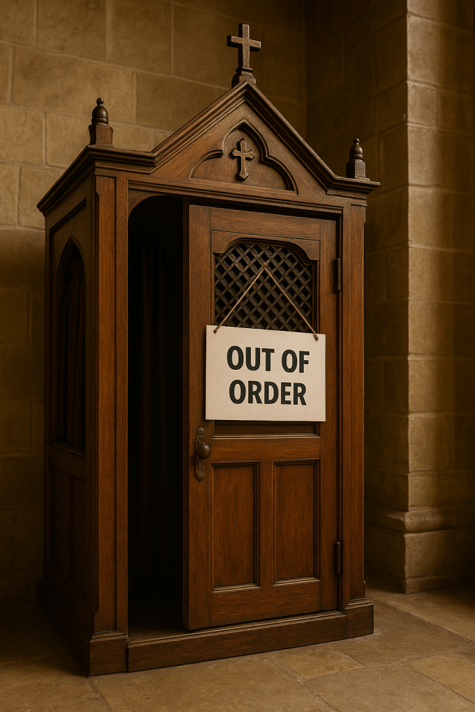 A wooden church confessional booth with carved details and a cross on top has a sign hanging on the door that reads “OUT OF ORDER.”