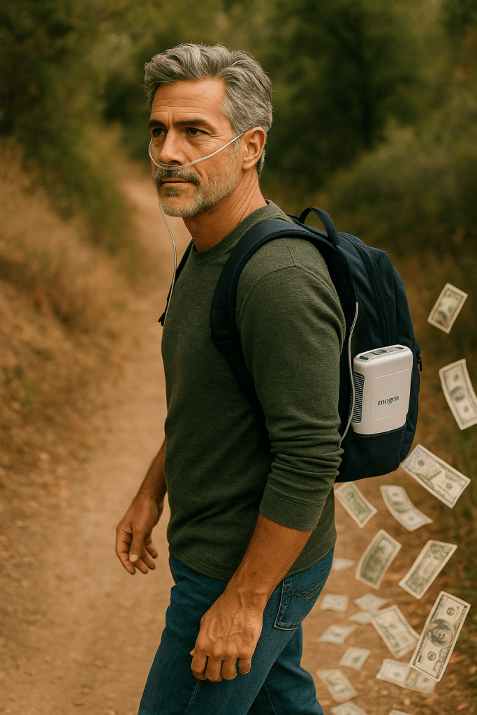 Alt text: A middle-aged man with salt-and-pepper hair and a beard hikes along a dirt trail wearing a green long-sleeve shirt, jeans, and a black backpack. A nasal cannula is connected to a portable Inogen oxygen concentrator tucked into his backpack. Dollar bills are spilling out of the backpack and scattering along the trail behind him.
