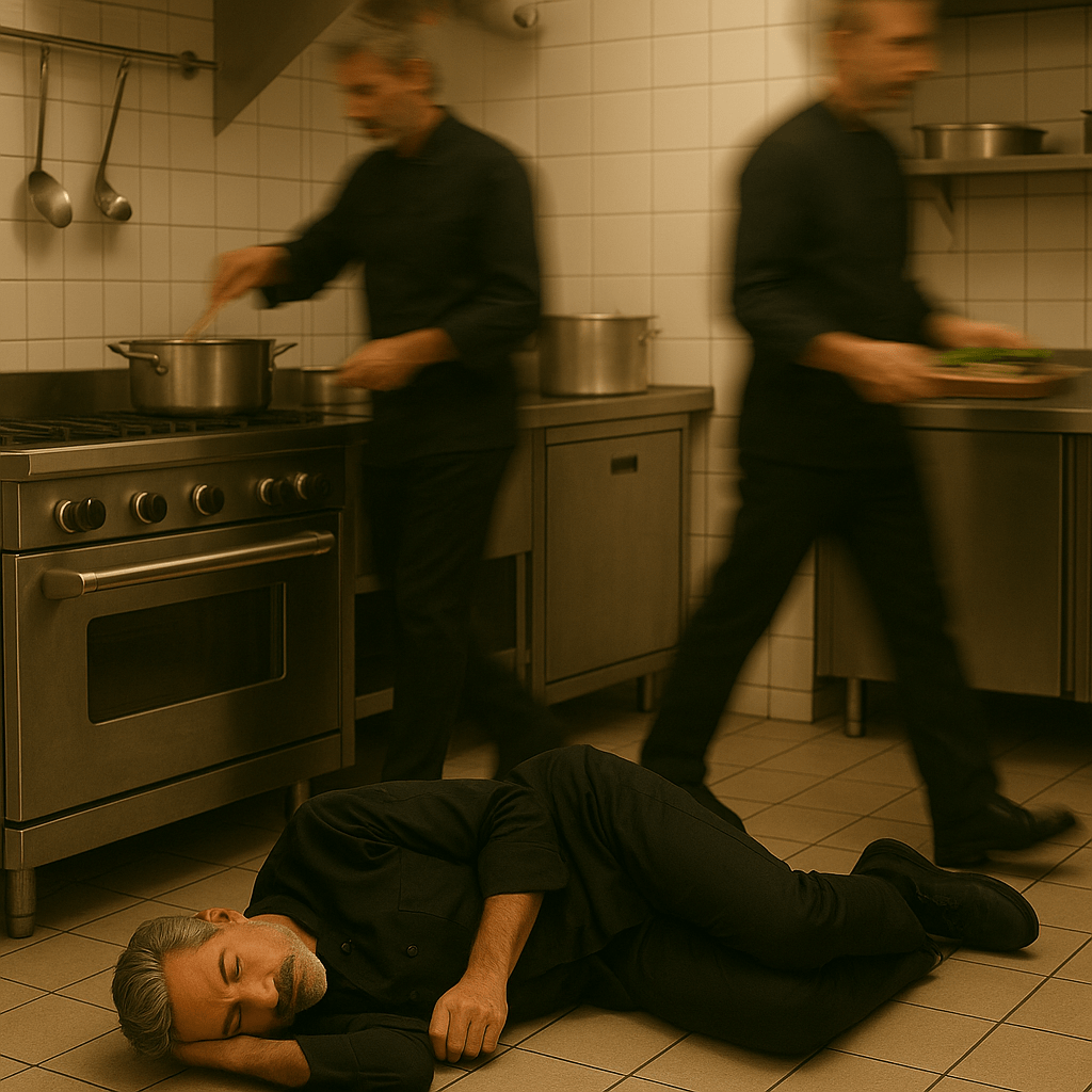 A middle-aged chef in a black uniform lies curled up asleep on the tiled kitchen floor, while three blurred, semi-transparent versions of himself bustle around the kitchen in motion, cooking and carrying food.