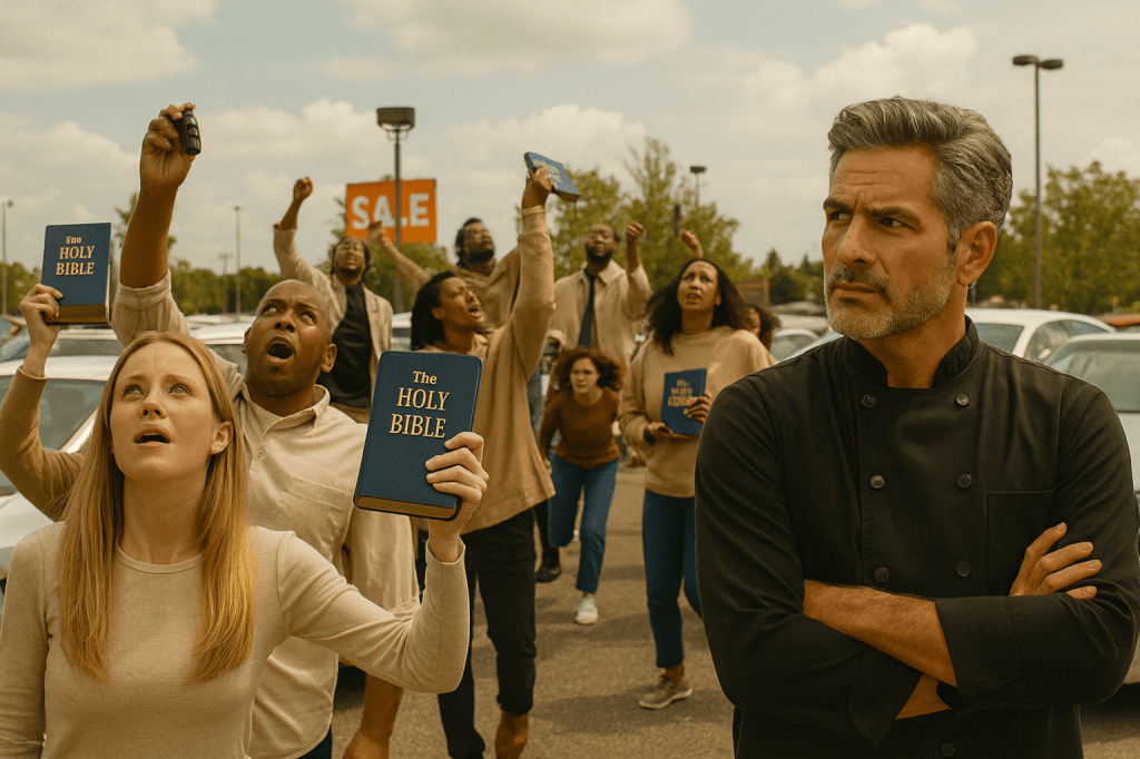 A group of anxious people stand in a car lot holding Bibles and car keys while looking up nervously at the sky, some shouting and pointing, as if expecting the rapture. In the foreground, a middle-aged chef in a black jacket stands with arms crossed, watching the crowd with a puzzled and skeptical expression.