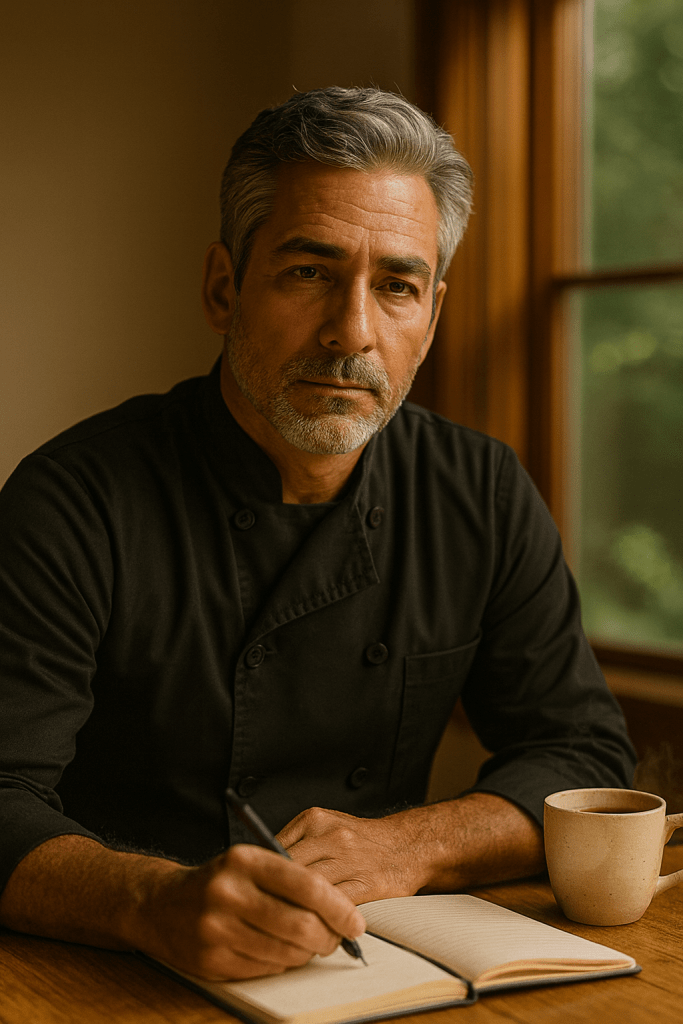 
A middle-aged man with salt-and-pepper hair and a trimmed beard sits at a wooden table near a window, wearing a black chef’s jacket. He writes thoughtfully in an open journal with a pen, while a mug of coffee steams beside him. Warm afternoon light filters through the window, casting a calm, introspective glow that reflects creativity, empathy, and quiet resilience.