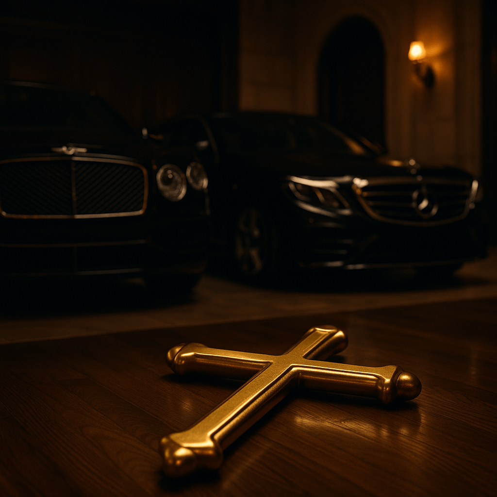 A gold cross lies on a polished floor in front of two luxury cars—a Bentley and a Mercedes—inside a dimly lit, opulent garage, symbolizing corruption and greed within faith.