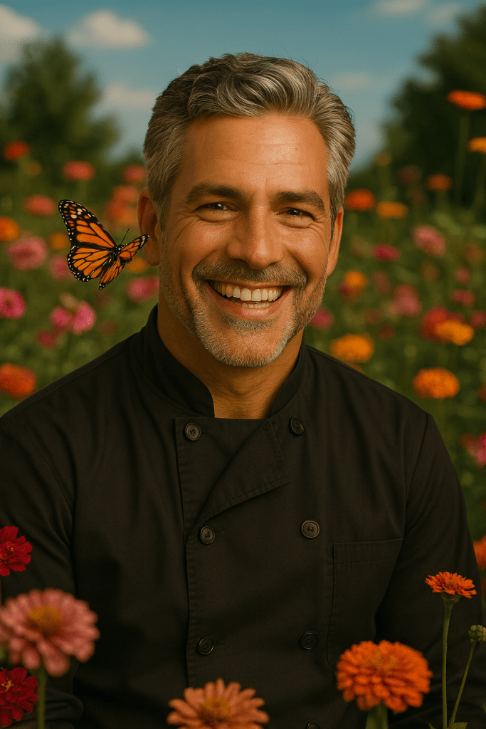 A middle-aged man with salt-and-pepper hair and a neatly trimmed beard smiles warmly in a vibrant flower garden. He’s wearing a black chef’s jacket, and a monarch butterfly flutters near his face as colorful blooms surround him under a sunny sky.