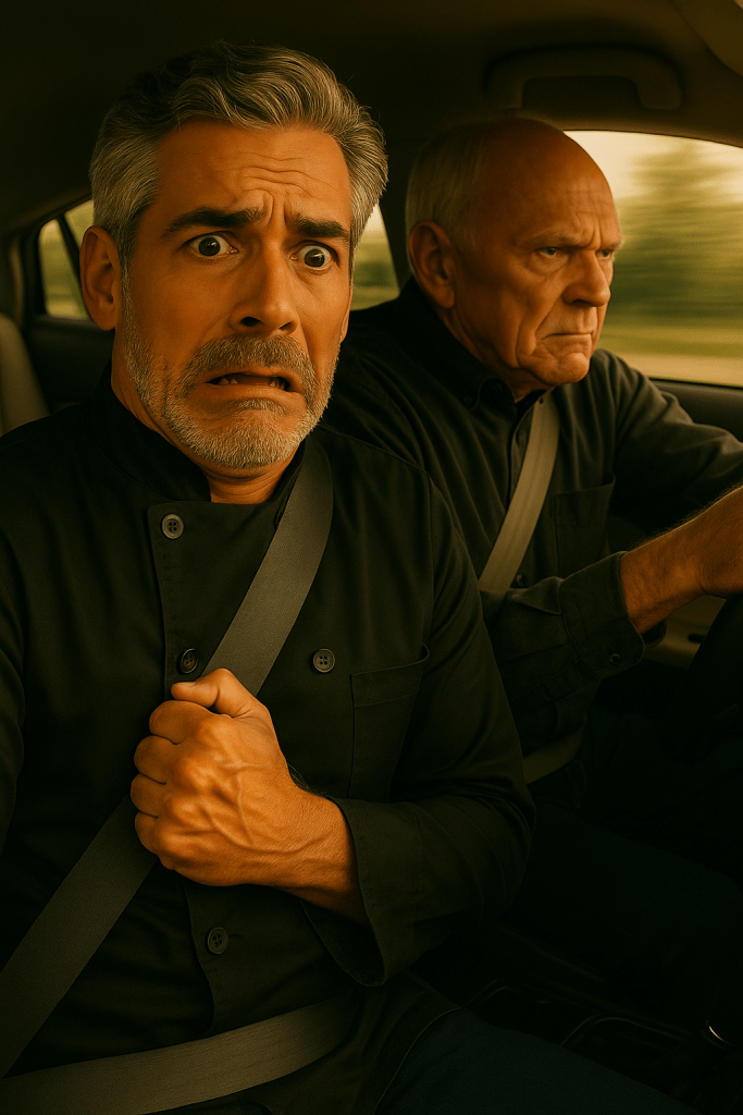 A middle-aged man with salt-and-pepper hair wearing a black chef’s jacket looks terrified while gripping his seatbelt tightly in the passenger seat of a moving car. An older man with a stern expression drives beside him, both illuminated by warm golden sunlight streaming through the window.