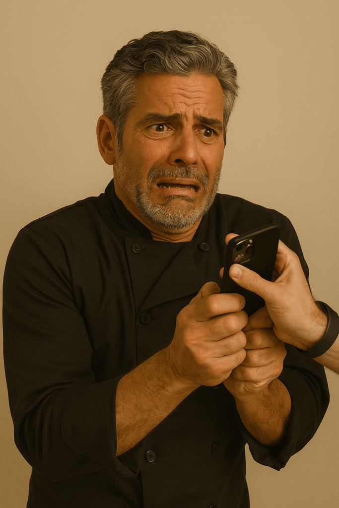 A middle-aged man wearing a black chef’s jacket looks distraught as another person forcefully grabs a smartphone from his hands. His eyes are wide and his mouth is tense, conveying shock and distress. The background is a neutral beige, keeping the focus on the emotional exchange.