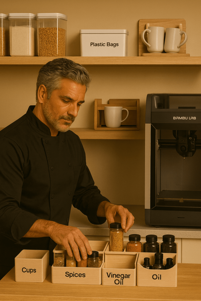 A middle-aged chef with salt-and-pepper hair and a short beard, wearing a black chef’s jacket, is reorganizing a tidy kitchen. He’s placing spice jars into wooden organizers labeled “Cups,” “Spices,” “Vinegar Oil,” and “Oil.” A Bambu Lab 3D printer sits on the counter beside him, and neatly arranged kitchen containers and mugs are visible on the shelves behind him.