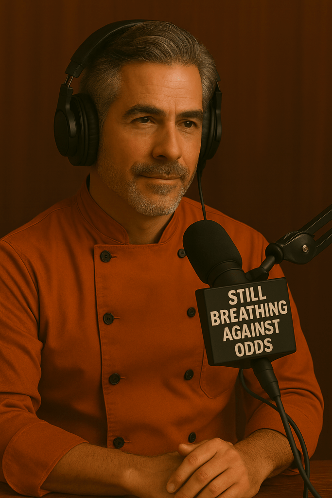 A middle-aged man with salt-and-pepper hair and a neatly trimmed beard wears large black headphones and a pumpkin-colored chef jacket while speaking into a studio microphone labeled “Still Breathing Against Odds.” He sits at a table with his hands folded, set against a warm brown background, appearing calm and focused as he records a podcast.