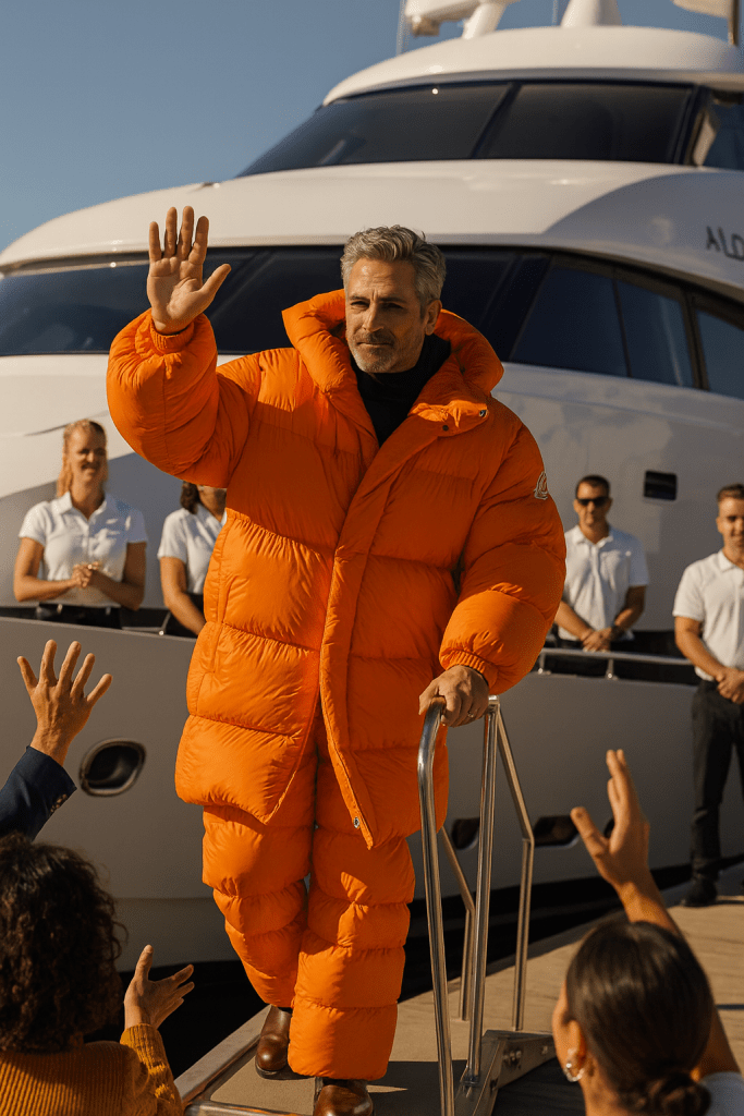 A middle-aged man with salt-and-pepper hair and a trimmed beard is boarding a luxury yacht. He’s wearing an oversized bright orange puffer outfit reminiscent of an Italian designer style, smiling confidently as he waves to a crowd of admirers reaching toward him from the dock under clear blue skies.