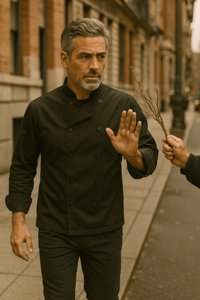 A middle-aged man with salt-and-pepper hair, dressed in a black chef’s jacket, walks along a city sidewalk with a wary expression, raising his hand to avoid another man who is holding out a small bunch of twigs toward him. Brick buildings line the street in the background.