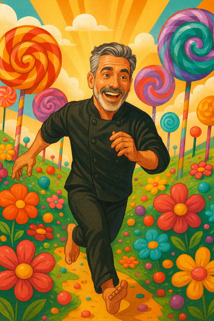 A joyful middle-aged chef with salt-and-pepper hair and a beard runs barefoot through a vibrant fantasy field filled with oversized lollipops, colorful candy-like flowers, and swirling pastel trees under a bright golden sky with sun rays and fluffy clouds.