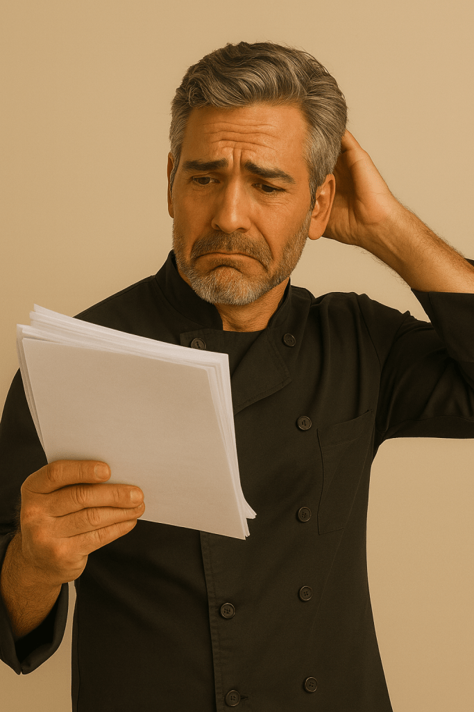 A middle-aged chef with salt-and-pepper hair and a short beard stands against a beige background, wearing a black double-breasted chef’s jacket. He holds a stack of papers in one hand and scratches his head with the other, looking uncertain and slightly frustrated as he studies the manuscript.