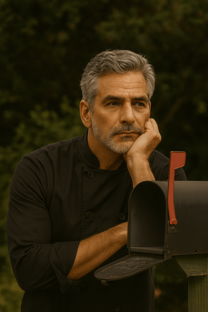 A middle-aged man with salt-and-pepper hair, wearing a black chef’s jacket, leans on an empty rural mailbox with a red flag. He rests his chin on his hand, gazing thoughtfully into the distance, surrounded by greenery under soft, muted light.