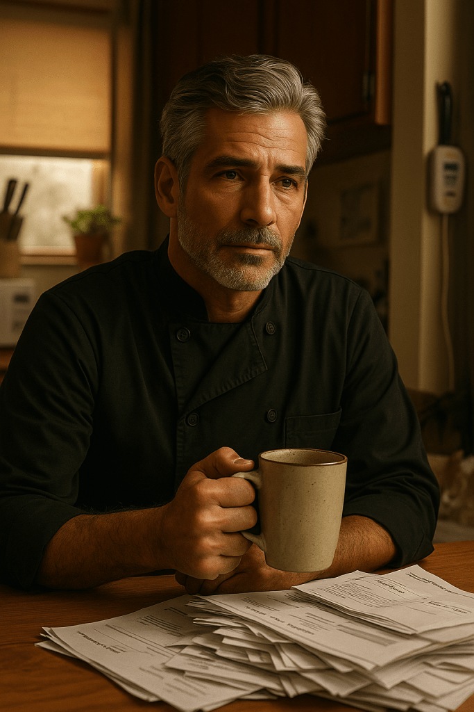 A middle-aged man wearing a black chef’s jacket sits at a kitchen table holding a beige coffee mug, looking thoughtful and slightly weary. In front of him lies a large stack of medical bills, with warm light from a nearby window softly illuminating the scene.