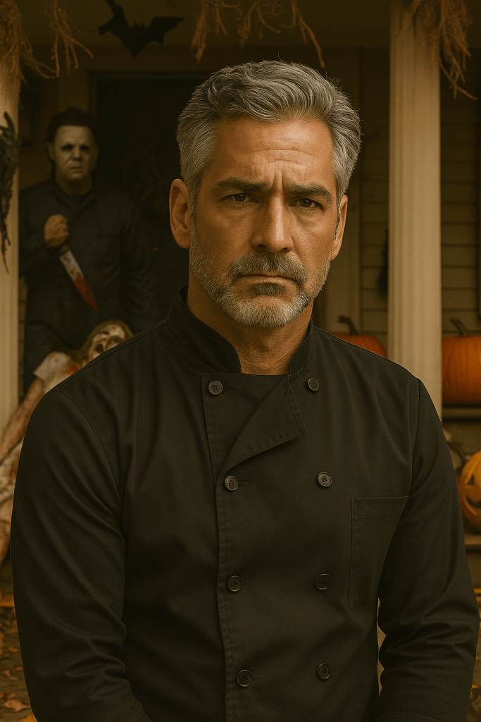 A middle-aged man with salt-and-pepper hair and a neatly trimmed beard, wearing a black chef’s jacket, stands in front of a suburban house covered in gory Halloween decorations. Behind him are pumpkins, a masked figure holding a bloody knife, and a fake corpse on the ground. The man looks disgusted and unimpressed, his expression clearly showing disdain for the dark, gruesome display.