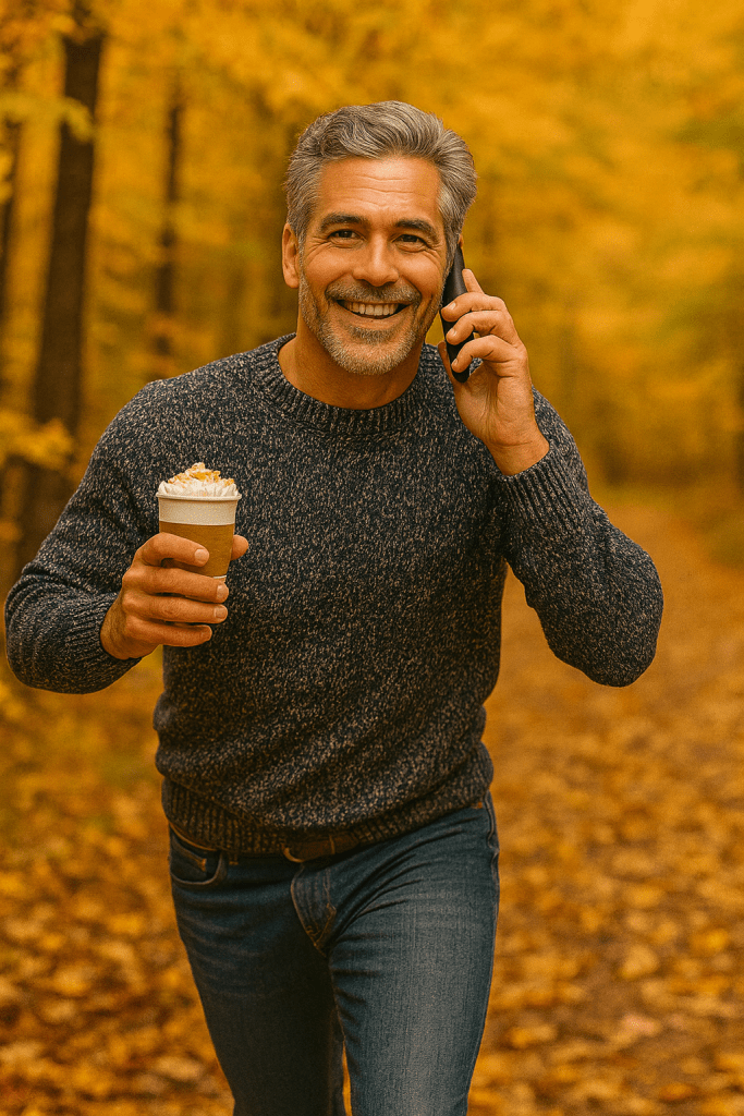 A middle-aged man with salt-and-pepper hair runs joyfully through a forest filled with golden fall leaves, holding a pumpkin spice latte topped with whipped cream. He wears a dark blue sweater and jeans, smiling warmly as sunlight filters through the autumn trees around him.