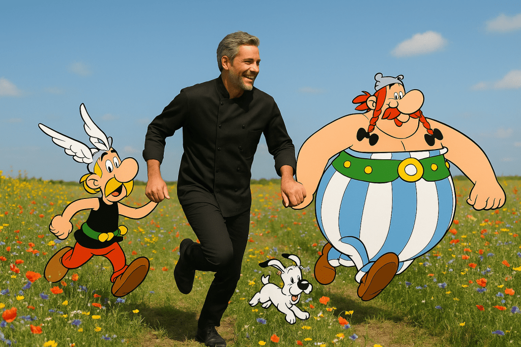A smiling middle-aged man with salt-and-pepper hair runs joyfully through a colorful wildflower field, holding hands with the cartoon characters Asterix and Obelix. The small white dog Dogmatix runs beside them under a bright blue sky, blending realism with animated charm.