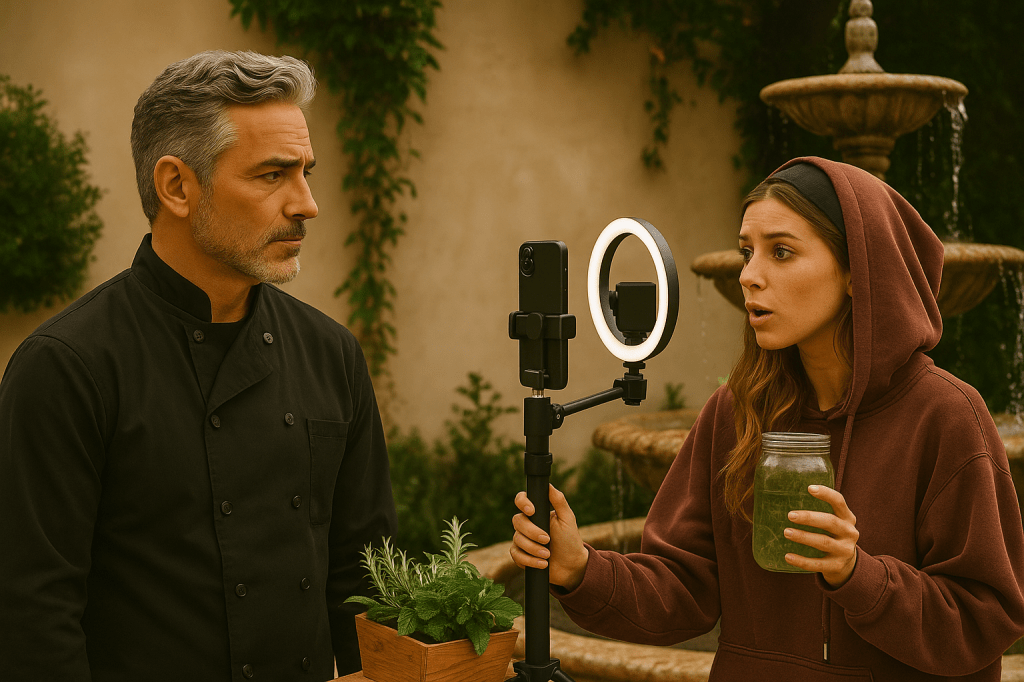 A middle-aged male chef in a black double-breasted jacket stands beside a garden fountain, looking skeptically at a young woman filming herself with a smartphone and ring light. She wears a maroon hoodie and holds a mason jar filled with green herbal liquid, with a small wooden planter of fresh herbs between them. The outdoor setting features stonework, greenery, and a softly blurred background.