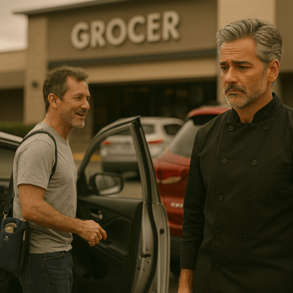 A middle-aged male chef with salt-and-pepper hair stands in a grocery store parking lot wearing a black double-breasted chef jacket, looking disappointed and slightly deflated. A few feet away, another man around the same age is getting into his car. He has a Helios portable oxygen tank slung over his shoulder with a nasal cannula in place, smiling politely as he opens the driver’s door. Parked cars and the grocery store storefront sit in the background, emphasizing the awkward, unfinished interaction between the two men.