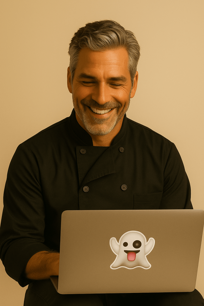 A smiling middle-aged man with salt-and-pepper hair and a neatly trimmed beard is wearing a black chef’s jacket while using an Apple laptop. On the laptop’s lid is a large, playful ghost emoji with its tongue out. The background is a warm beige tone, giving the image a cozy and cheerful feel.