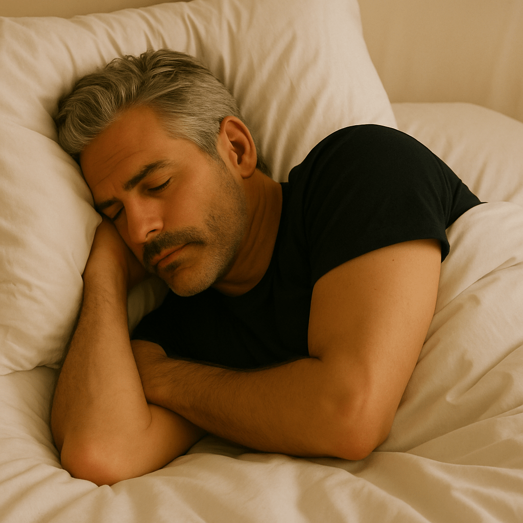 An AI-generated middle-aged man with salt-and-pepper hair sleeps curled on his side in a white bed, resting his head on a pillow with a calm, peaceful expression. He wears a black T-shirt, and soft warm lighting highlights his relaxed face and the folds of the bedding.