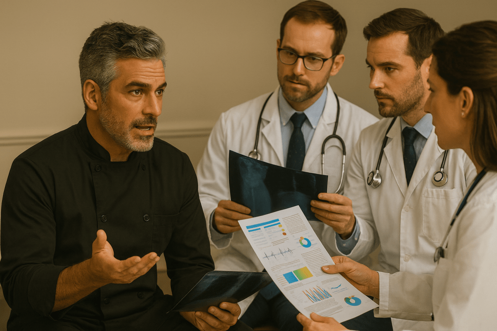 A middle-aged male chef with salt-and-pepper hair sits in a medical office, speaking with a team of three doctors. The chef looks concerned as he gestures with one hand, while the doctors show him charts, test results, and an X-ray. All three doctors wear white lab coats and stethoscopes, focusing intently on the information and the conversation.