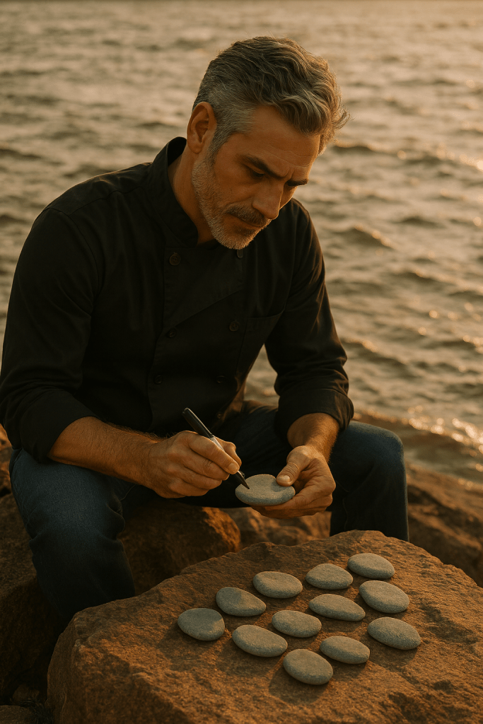 A middle-aged man with salt-and-pepper hair wearing a black chef’s jacket sits on rocks at the edge of a wide river at sunset, writing on a smooth gray stone with a black marker. Thirteen other flat stones are arranged in front of him as he prepares for a ritual. The golden light reflects off the water behind him, creating a calm, reflective atmosphere.