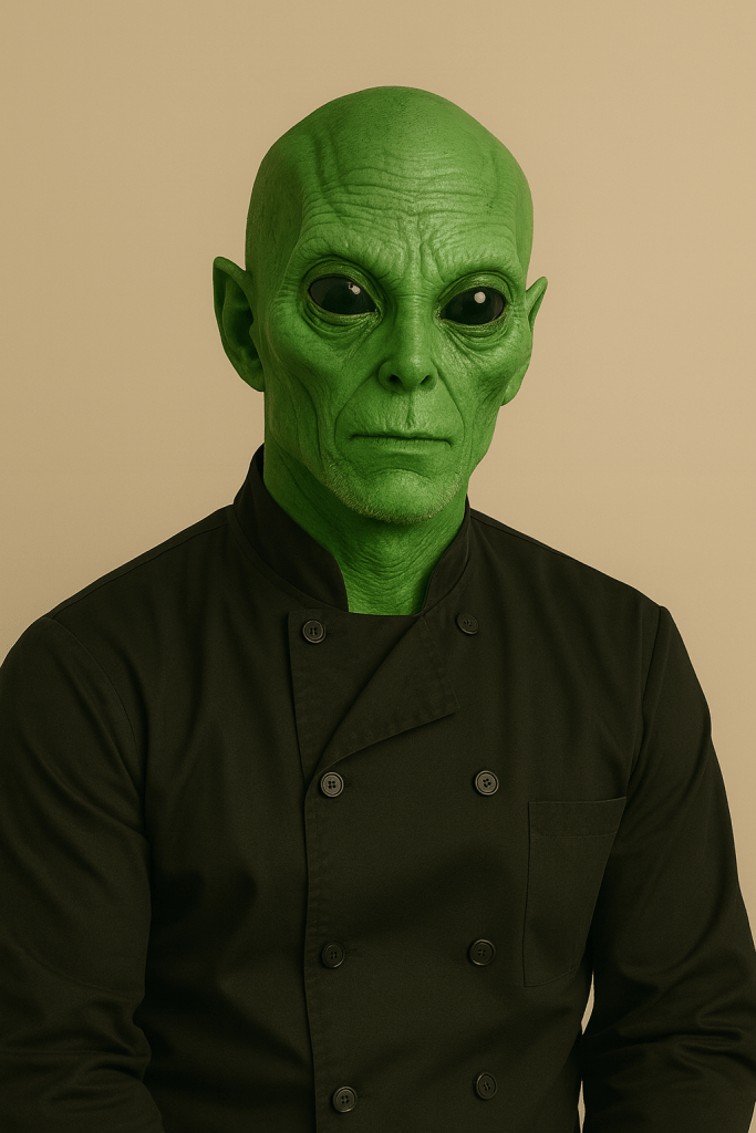 A stylized portrait of a humanoid green alien wearing a black chef’s jacket, posed against a beige background. The alien has smooth, bright green skin, large black oval eyes, subtle facial wrinkles, and pointed ears, giving it a calm, serious expression while maintaining the same posture and clothing as the original AI-generated human image.