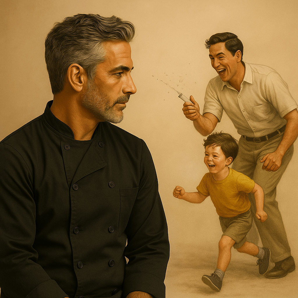 A middle-aged chef with salt-and-pepper hair and a contemplative expression looks toward an emotional vision of his past, where his younger self joyfully runs and laughs as his smiling father playfully sprays water using a medical syringe without a needle. The warm, nostalgic lighting and soft tones evoke memory, love, and connection between generations.