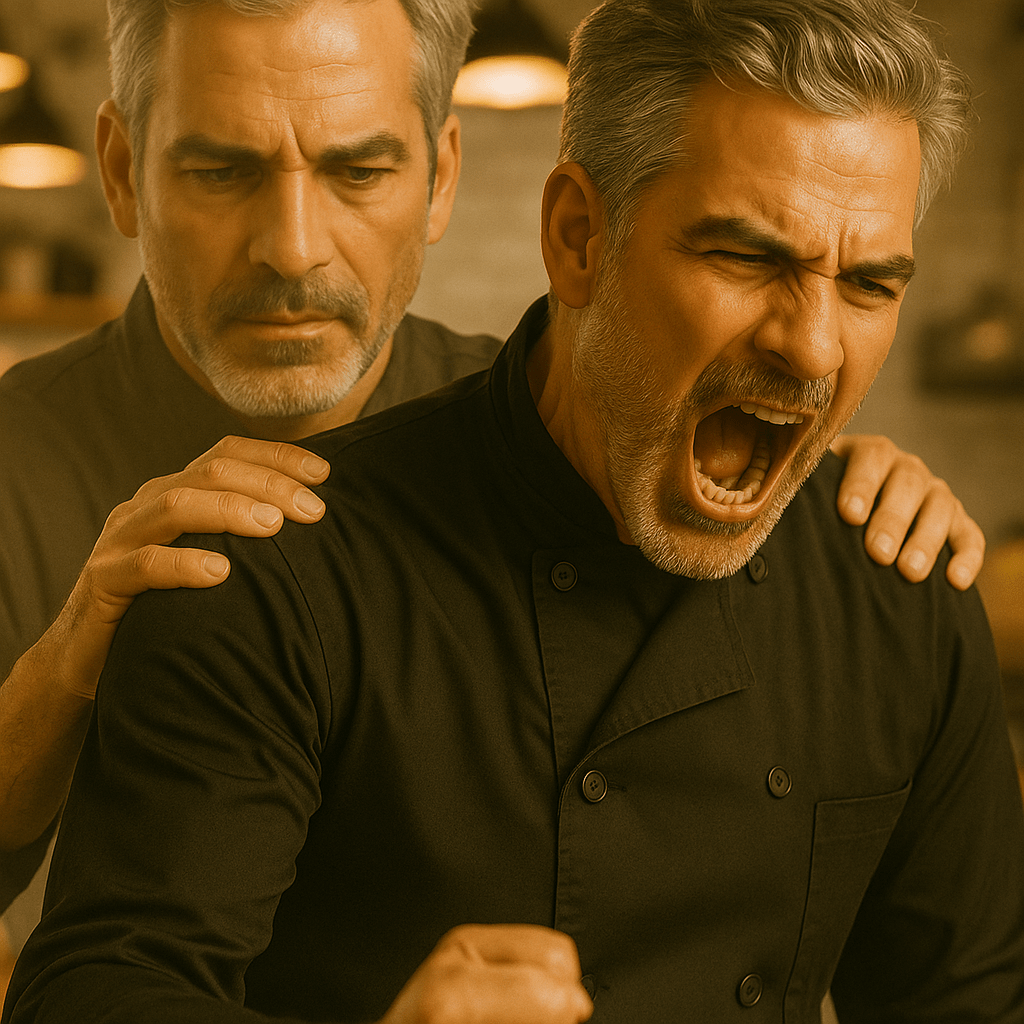 A middle-aged male chef in a black jacket shouts angrily in a kitchen while a transparent, ghost-like version of himself gently places a comforting hand on his shoulder, creating a double-exposure effect that contrasts emotion and calm.
