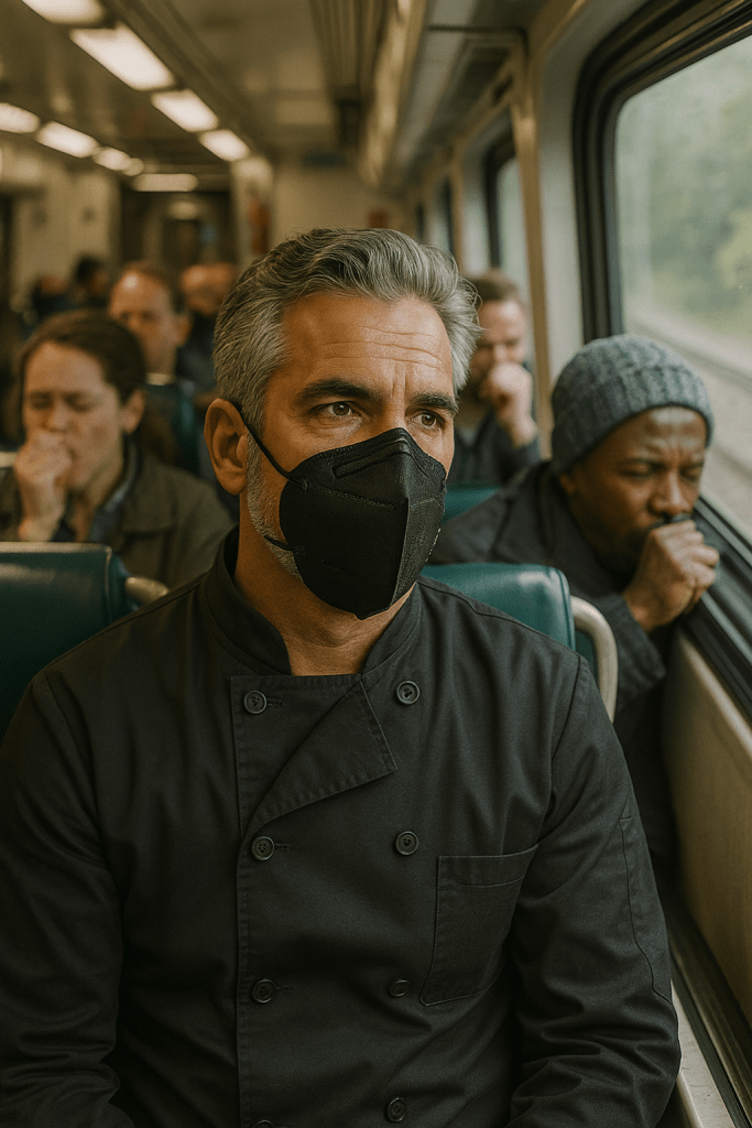 A middle-aged man with salt-and-pepper hair sits by the window on a crowded Metro-North train, wearing a black N95 mask and a black chef’s jacket. He looks tense and alert while several passengers around him cough and sneeze into their hands, creating an atmosphere of discomfort and concern.