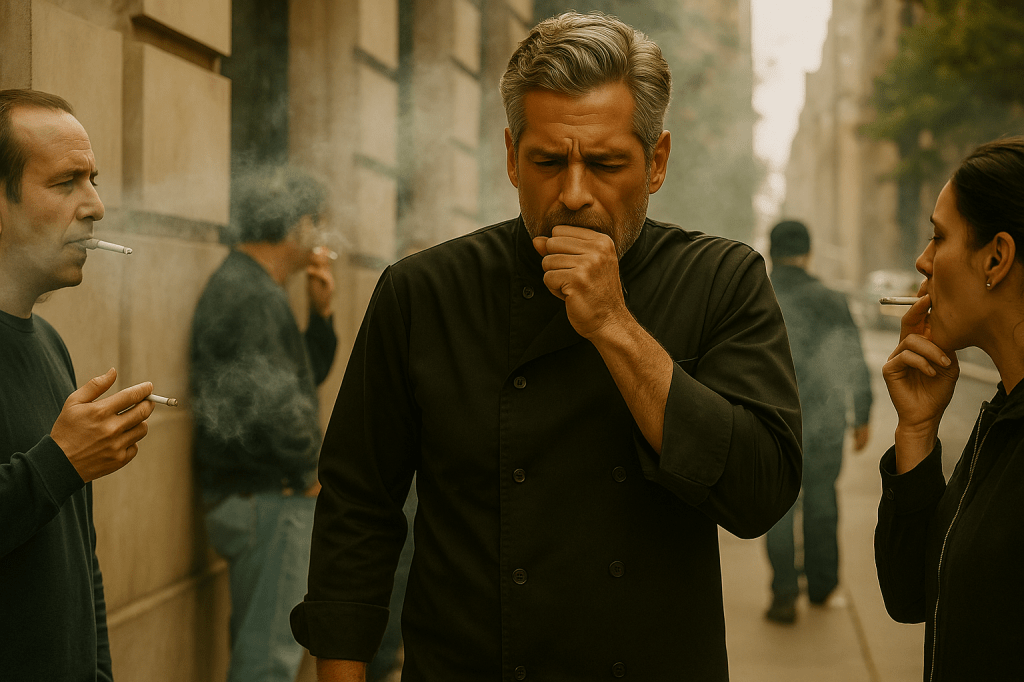 A middle-aged male chef in a black jacket walks down a city sidewalk, coughing and covering his mouth as thick cigarette smoke fills the air around him. Several people stand against a building wall, smoking and exhaling clouds of smoke that drift toward the chef, making it hard for him to breathe.