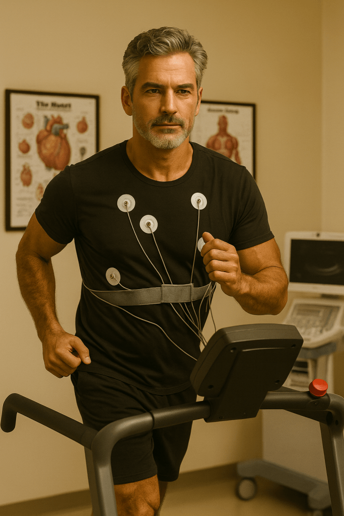 A middle-aged man with salt-and-pepper hair jogs on a treadmill in a doctor’s office while wearing multiple cardiac electrodes on his chest. He looks focused and slightly tense as medical equipment and anatomical heart posters sit behind him, capturing the moment of a treadmill stress test.