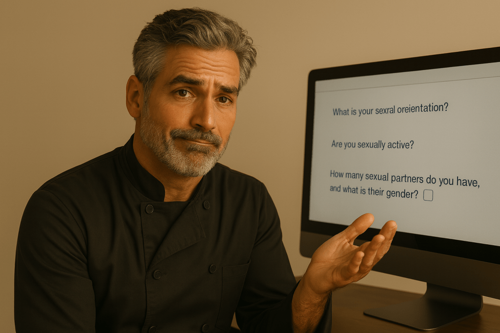 A middle-aged male chef with salt-and-pepper hair and a trimmed beard sits beside a computer screen showing intrusive personal questions about sexual orientation and activity. He wears a black chef’s jacket and gestures with one hand in a confused, exasperated expression, highlighting the blog post’s theme of medical privacy concerns.