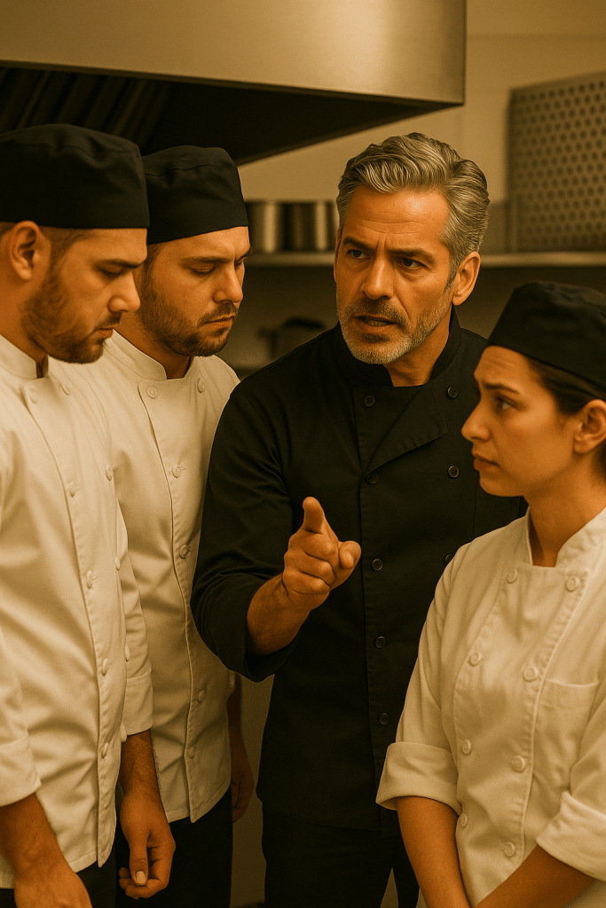 A silver-haired head chef in a black uniform sternly reprimands two male line cooks while a female line cook stands nearby. The men look remorseful as the chef gestures with authority, defending the woman. The setting is a professional kitchen with stainless steel equipment in the background.