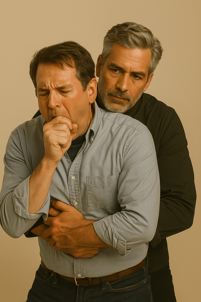 A middle-aged male chef in a black jacket performs the Heimlich maneuver on another man who is choking on food. The choking man, dressed in a light blue shirt, clutches his chest and coughs as the chef applies pressure from behind. Both appear tense and focused, standing against a warm beige background.