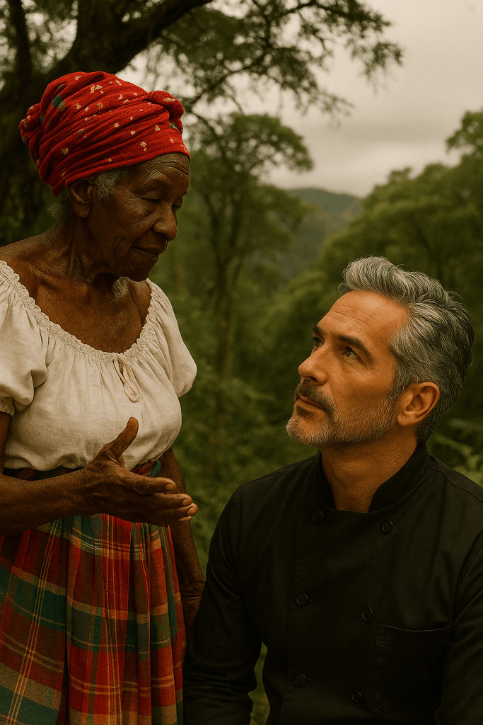 A middle-aged male chef with silver hair and a trimmed beard looks up attentively at an elderly Black Caribbean woman dressed in traditional clothing—a red headwrap and plaid skirt—as she speaks to him on a forested hillside. Soft, muted light filters through the trees around them.