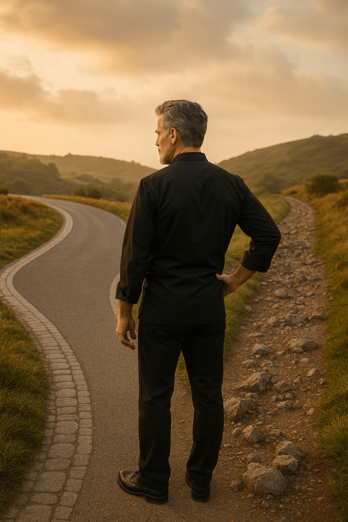 A middle-aged chef with salt-and-pepper hair stands at a literal fork in the road at sunset. He is seen from behind, wearing a black chef jacket, one hand resting on his hip as he looks toward two diverging paths. The road on the left is smooth and paved, curving gently into rolling hills. The road on the right is rough and rocky, uneven and harder to travel. Warm golden light washes over the landscape, highlighting his uncertainty as he decides which direction to take.